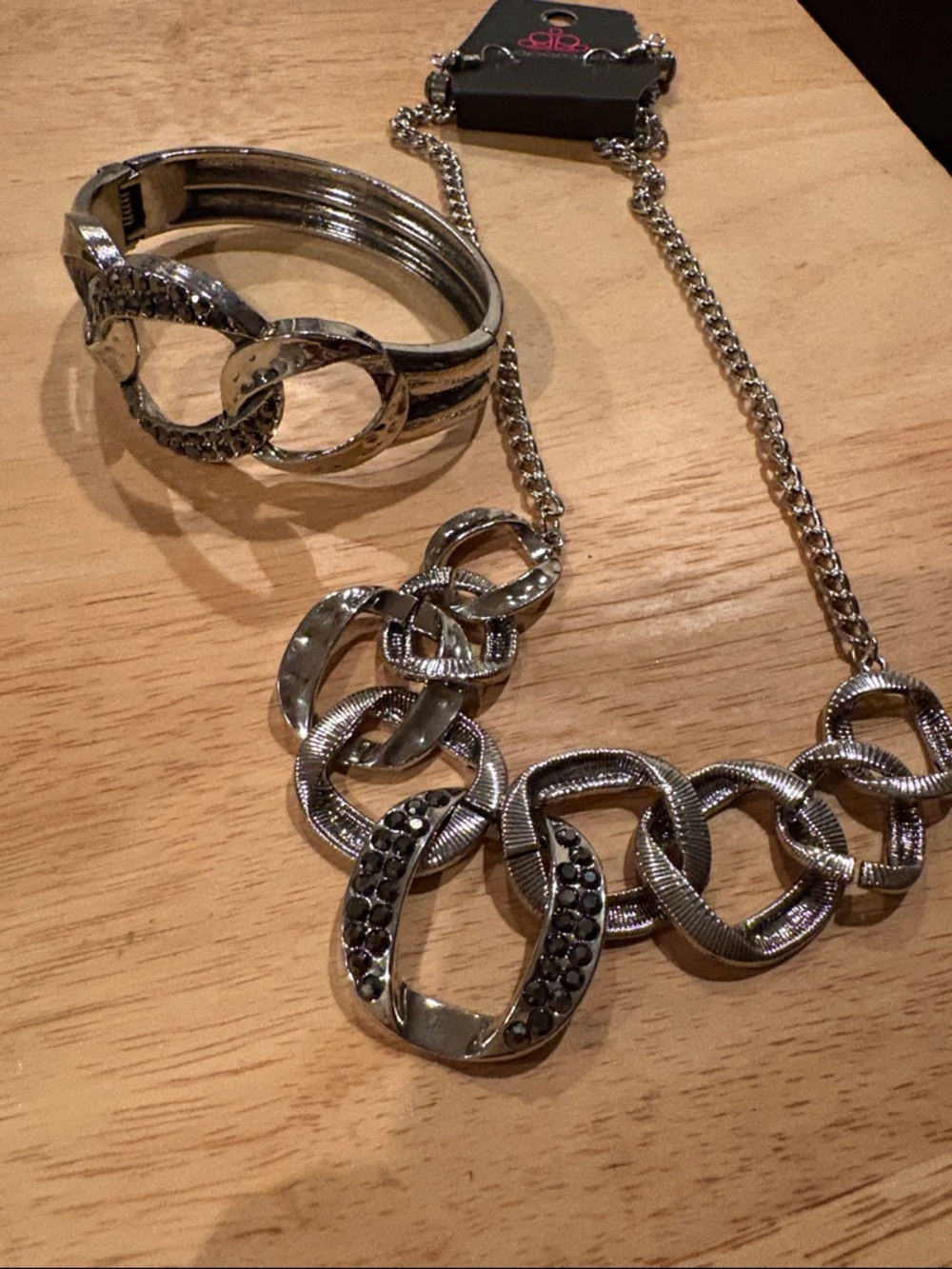 paparazzi Silver-Tone Linked Necklace & Bracelet Set with Black Crystal Accents